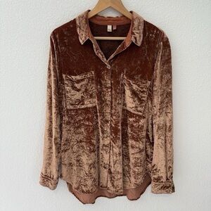 Pilcro Rust Brown Crushed Velvet Button-Up Shirt